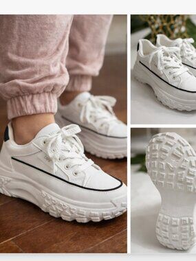 White Platform Sneakers Chunky Sole Casual Lace-Up Shoes Women Size 7.5